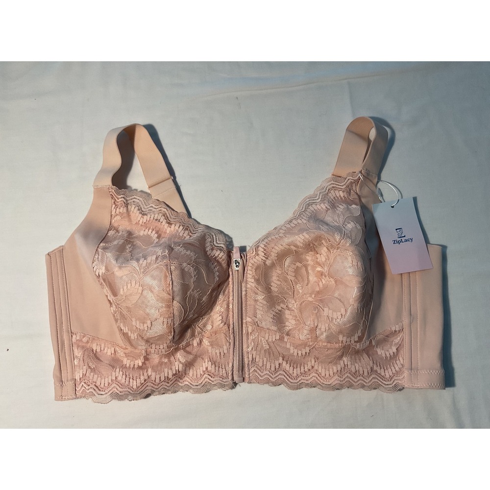 ZipLacy Women Front Zip Lace Bra Blush Pink Full Coverage Plus Size 4XL NEW